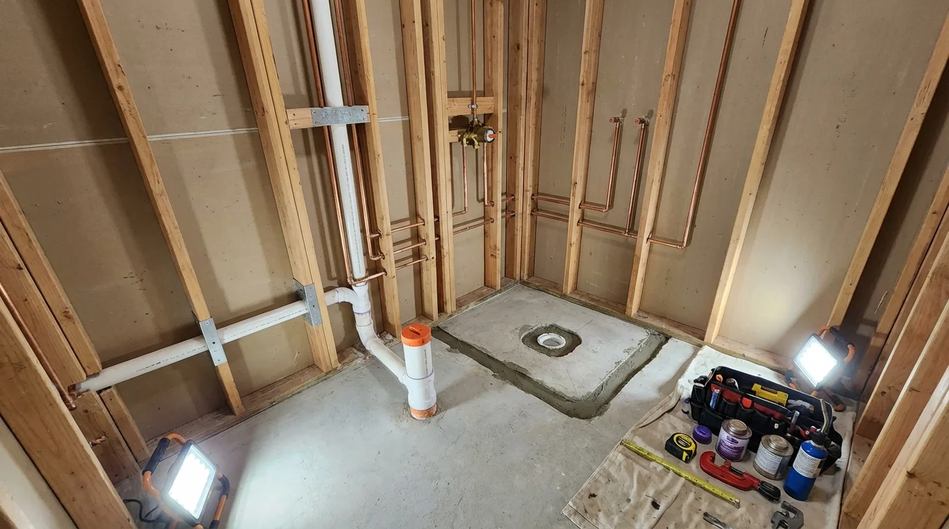 Bathroom rough-in plumbing during remodel by Johns Plumbing LLC in Nacogdoches