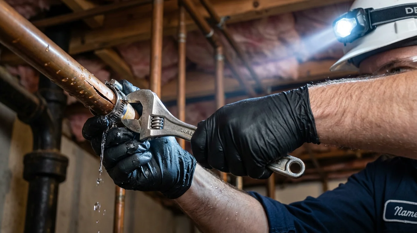 Emergency pipe clamp repair being performed by a Johns Plumbing LLC plumber in Nacogdoches