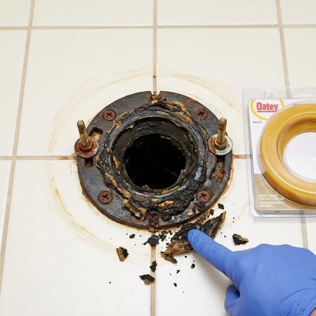Failed wax ring showing water seepage at the base of a toilet in a Nacogdoches, TX home