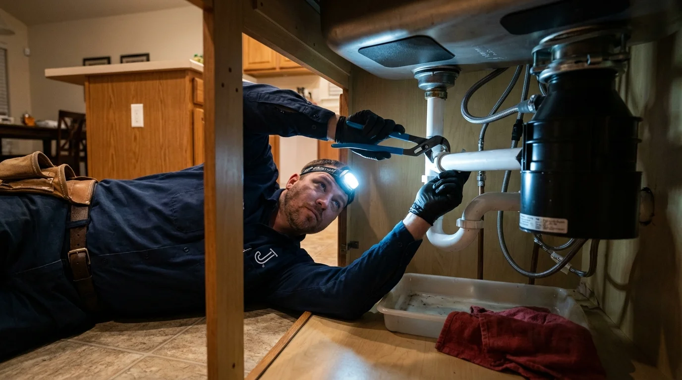 P-trap and supply line connections under a kitchen sink showing a common leak point in Nacogdoches, TX